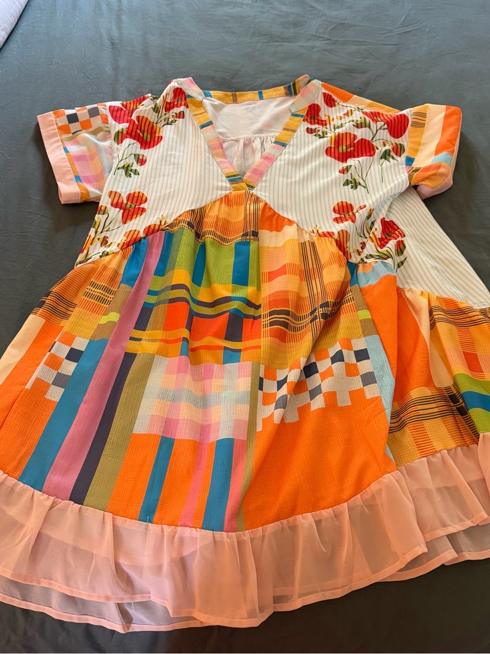 Colorful Patchwork Floral V-Neck Tunic Dress - Orange & Pink